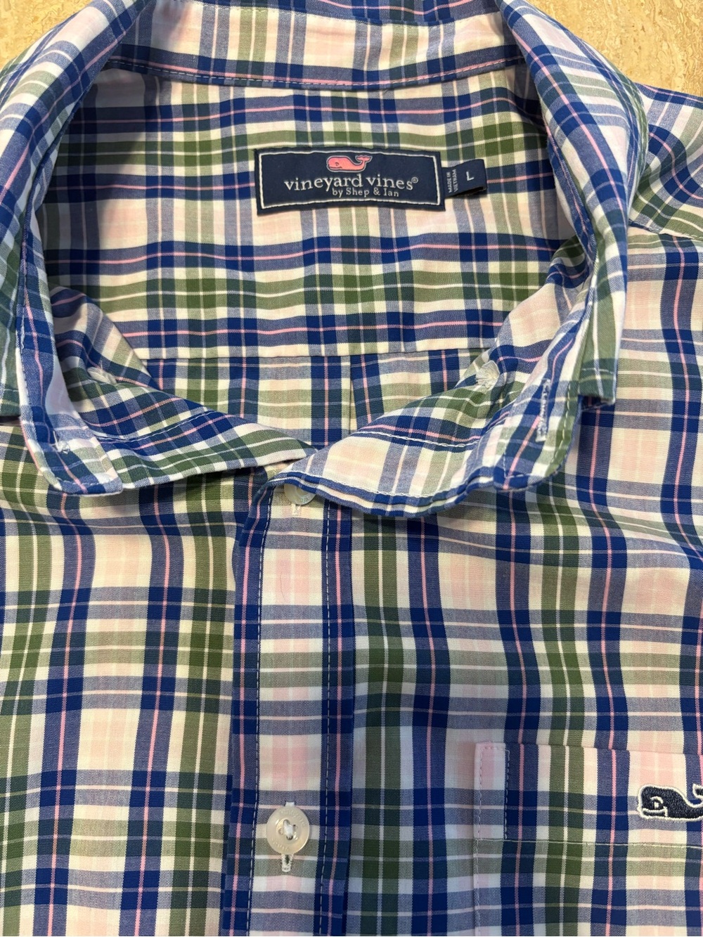 Vineyard Vines Mens Large Plaid Button Down Shirt Blue Green Pink Whale Pocket
